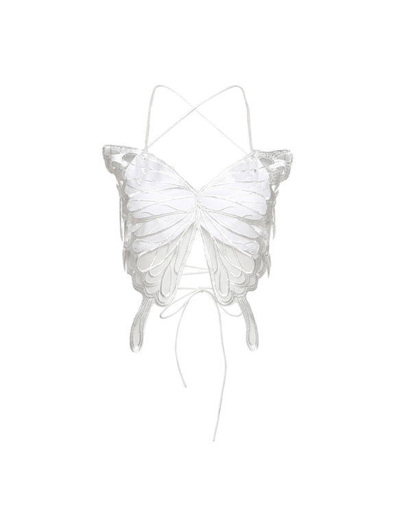Mesh Butterfly Crop Top Halters Backless Strappy Cami Tanks Top Spaghetti Straps Bustier Vest Streetwear for Women Girls