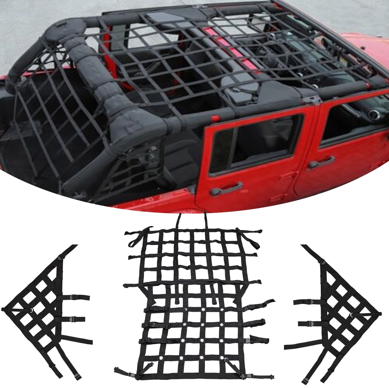 Mesh Cargo Net Storage Restraint System Accessory Compatible With For 2007-2018 Jeep Wrangler JK 4 Door(4PCS)