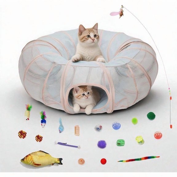 Mesh Cat Tunnel Bed With 20 Cat Toys Collapsible Play Tunnel For Indoor Cats Visible Cat Tube For Kitten Puppy