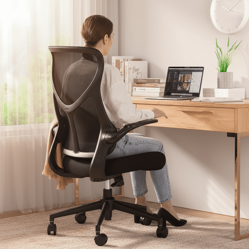 Mesh Chair with High Back, Ergonomic Office Computer Chair with Flip-up Armrests, Lumbar Support, Backrest for Home Office, Black