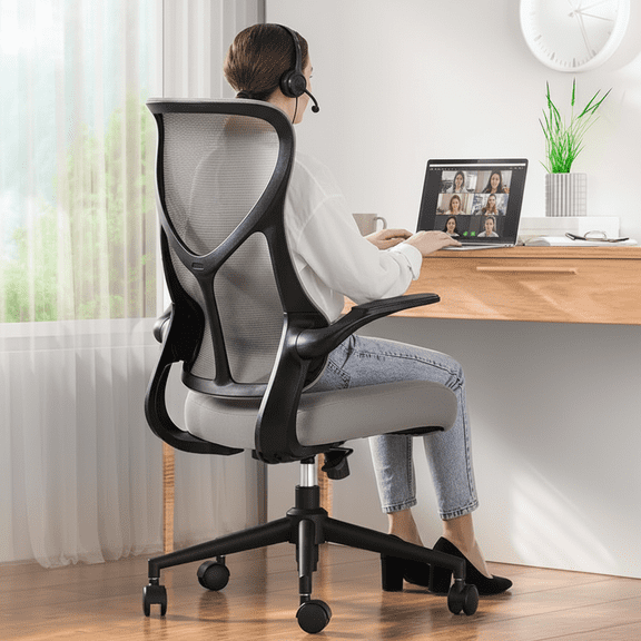 Mesh Chair with High Back, Ergonomic Office Computer Chair with Flip-up Armrests, Lumbar Support, Backrest for Home Office, Gray
