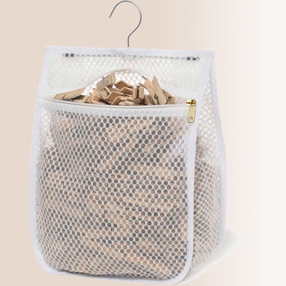 Mesh Clothespin Bag for Clothesline, Clothes Pin Bag with Zipper Closure, Large Opening, Large-Capacity Storage Organizer with Hooks