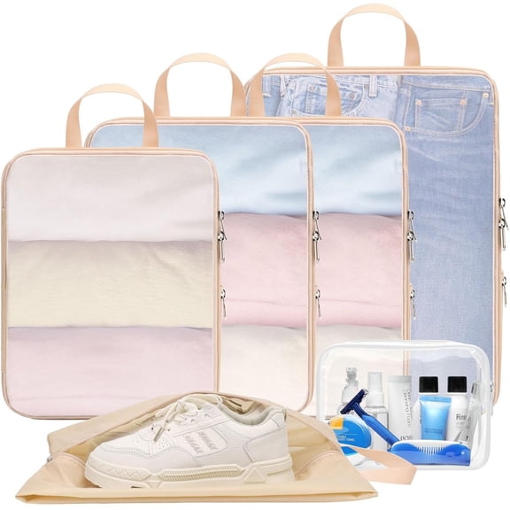 Mesh Compression Packing Cubes - 6 count Expandable See Through Packing Cubes for travel with Shoe and Makeup Bag, Travel Cubes for Packing Organizers Travel Accessories for Suitcases, Khaki