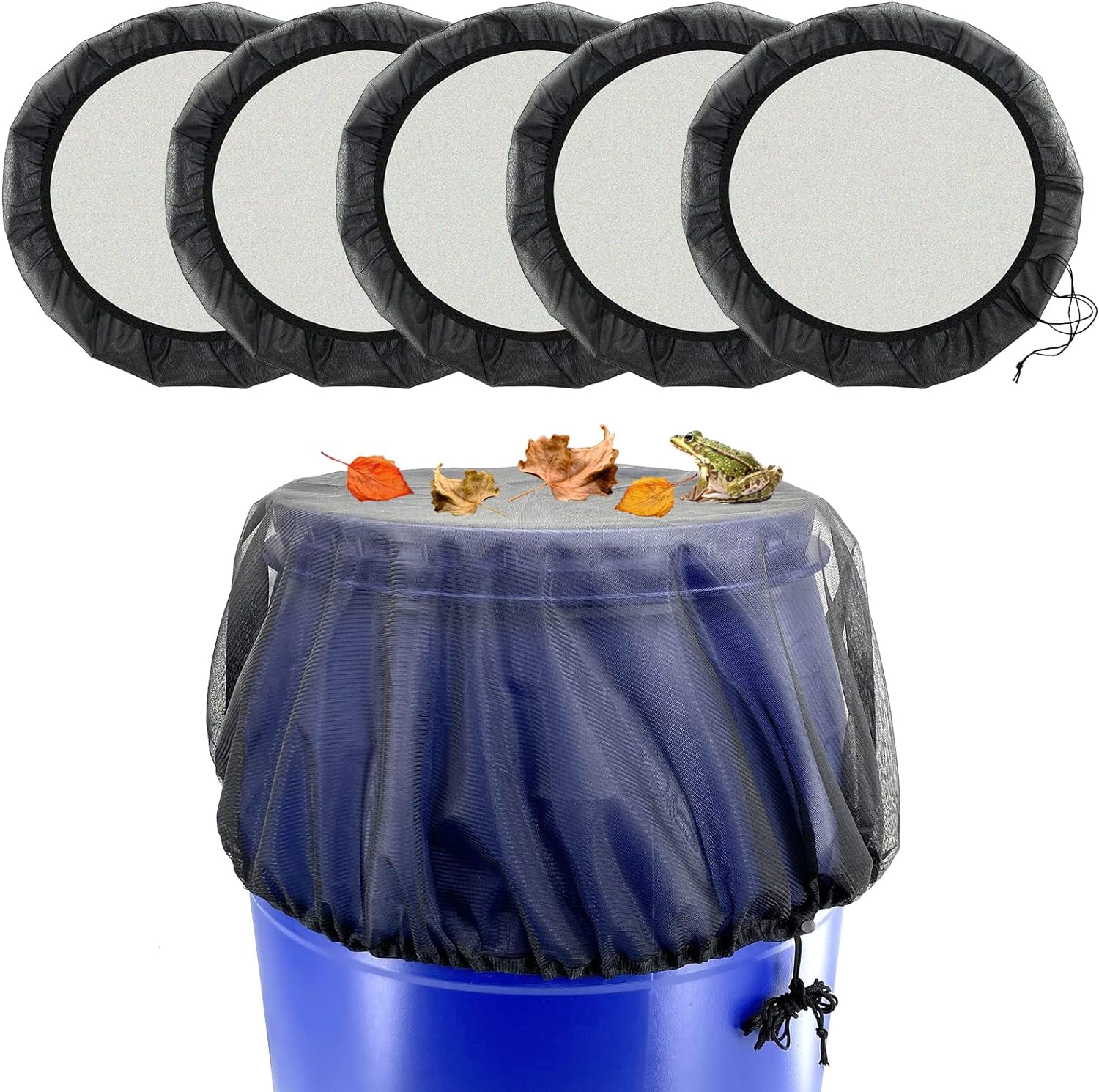 Mesh Cover for Rain Barrels, Rainwater Collector Tank Net Cover, Rain Water Collection Bucket Netting with Drawstring - Keep Mosquito, Fallen Leaves and Debris from Rain Barrel (5 Pcs)