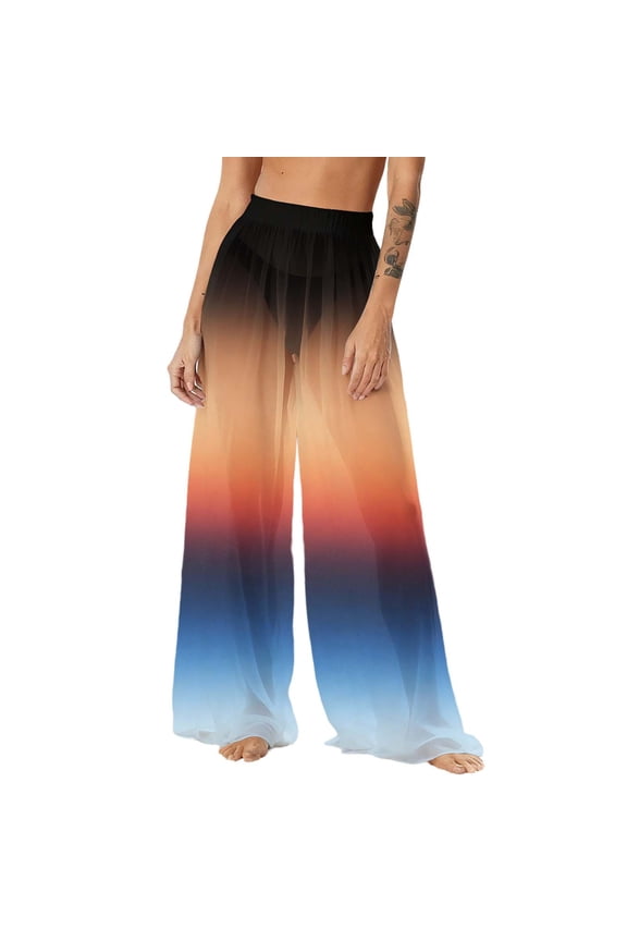 Mesh Cover Up Pants for Women High Waisted Sheer Wide Leg Beach Trousers Abstract Print See Through Loose Swimsuit Coverups for Pool