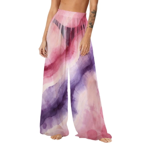 Mesh Cover Up Pants for Women High Waisted Sheer Wide Leg Beach Trousers Abstract Print See Through Loose Swimsuit Coverups for Pool