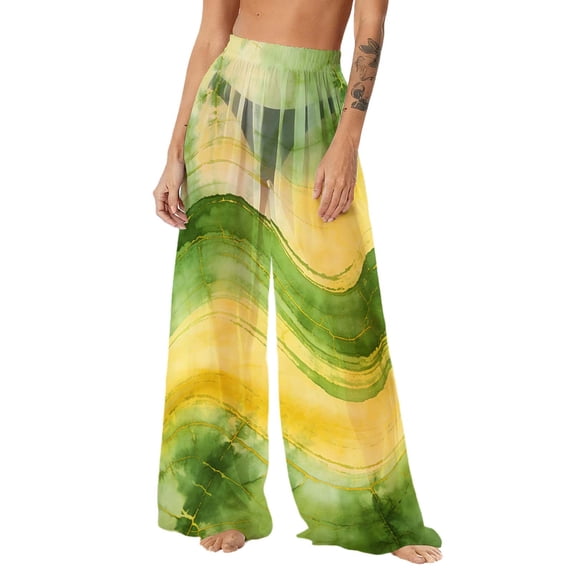 Mesh Cover Up Pants for Women High Waisted Sheer Wide Leg Beach Trousers Abstract Print See Through Loose Swimsuit Coverups for Pool