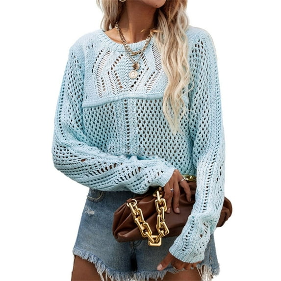 Mesh Crochet Knit Sweater Light Blue Medium