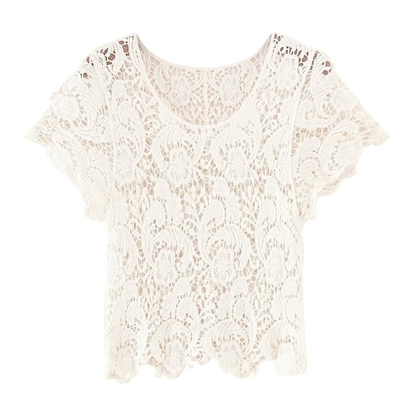Mesh Crop Top Blouse for Women Sheer Short Sleeve T-Shirt Crochet Knitted Floral Lace Casual Loose Cover Up Shrug