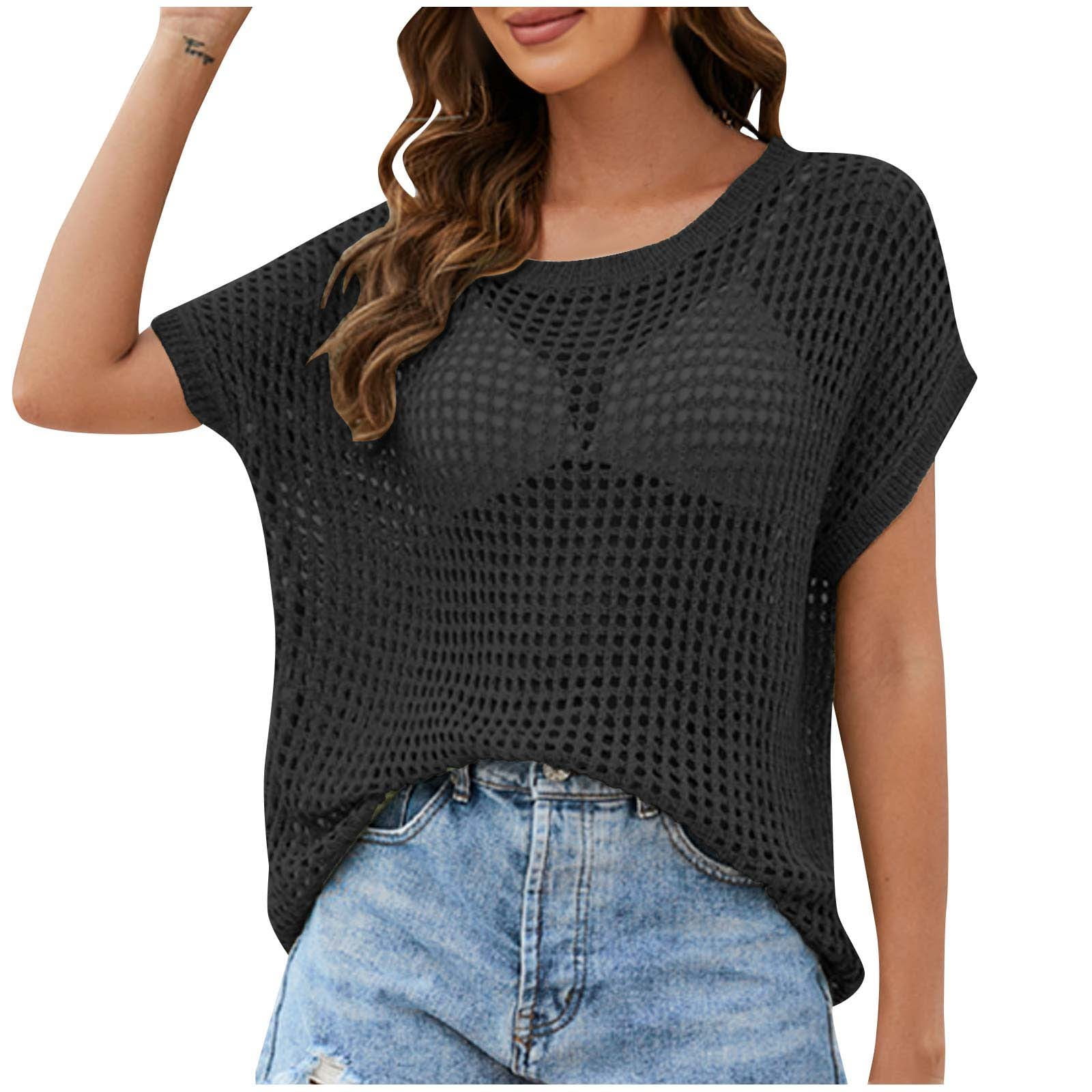 Mesh Crop Top for Women Summer 2024 T-Shirt Black Cut out Mesh Crop Top for Women Summer 2024 T-Shirt Black Cut out