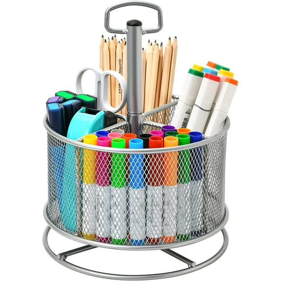 Mesh Desk Organizer, 360-Degree Rotating Multi-Functional Pen Holder, 4 Compartments Desktop Stationary Organizer, Home Office Art Supply Storage Box Caddy (silver)