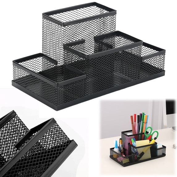 Mesh Desk Organizer - 4 Compartment Pen Holder - Office Desk Accessory Caddy - Multi Purpose Desk Tray - 1 Piece - Black