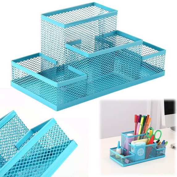 Mesh Desk Organizer - 4 Compartment Pen Holder - Office Desk Accessory Caddy - Multi Purpose Desk Tray - 1 Piece - Blue