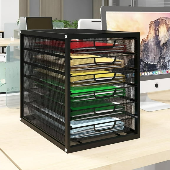 Mesh Desk Organizer with 6 Tier Sliding Drawers, Paper Sorter, Multi-Functional Home Office Supplies Storage Tray for Letters, Documents, Books, Mail, Files, Arts & Crafts Supplies - Black