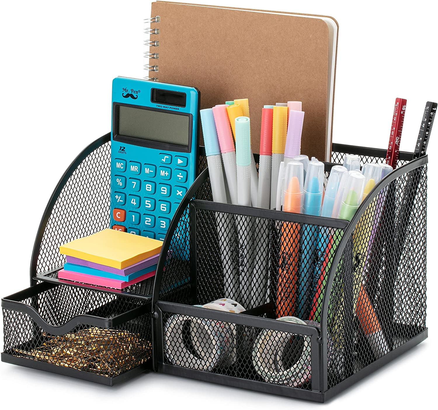 Black Metal Mesh Multifunctional Desk Organizer with Sliding Drawer