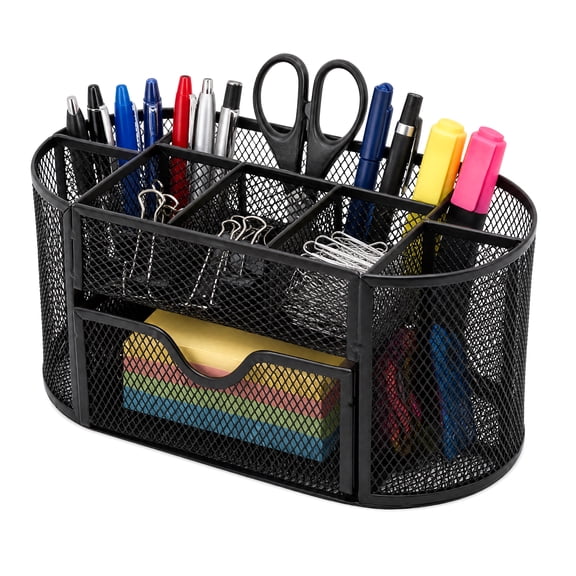 Mesh Desk Organizer, Desk Organizers and Accessories, Pen Holder with Drawers for Office Supplies, Black