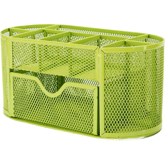 Mesh Desk Organizer Office Supplies: Desk Top Organizer with 9 Compartments, Office Organizers with Drawer, Multifunctional Metal Pen Holder Stationery Desk Caddy for Desk Organization (Light Green)