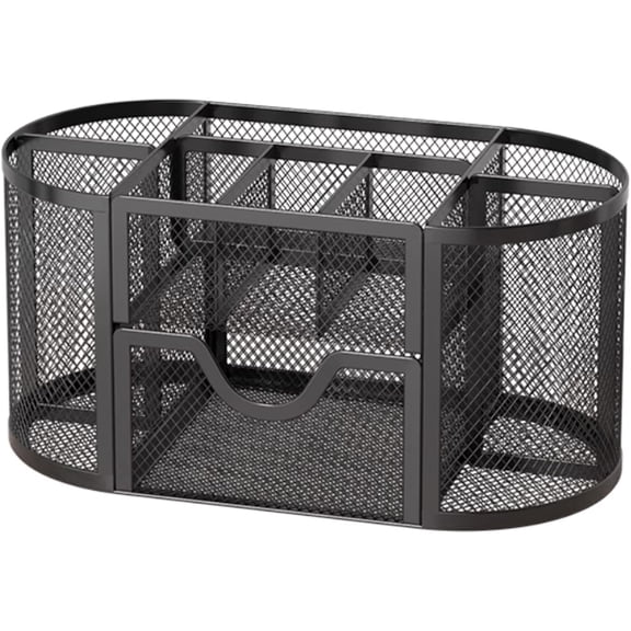 Mesh Desk Organizer Office Supplies: Desk Top Organizer with 9 Compartments, Office Organizers with Drawer, Multifunctional Metal Pen Holder Stationery Desk Caddy for Desk Organization (Black)