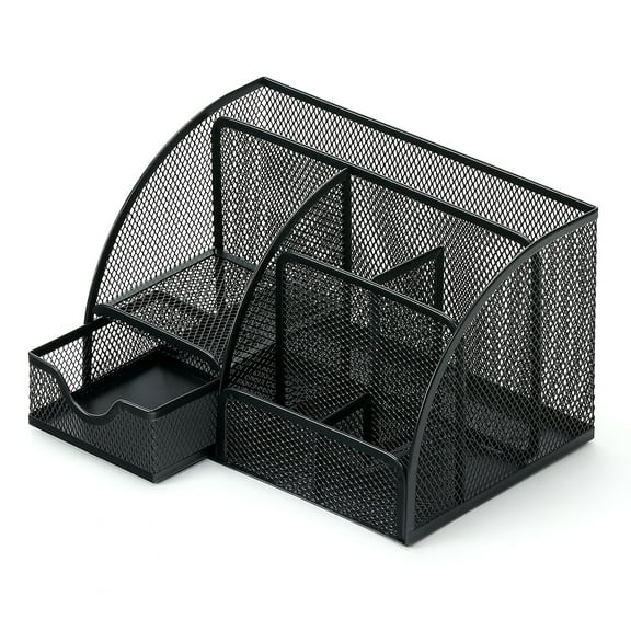 Mesh Desk Organizer Office with 7 Compartments, Drawer/Desk Tidy Candy/Pen Holder/Multifunctional Organizer, 22*14*13cm - black