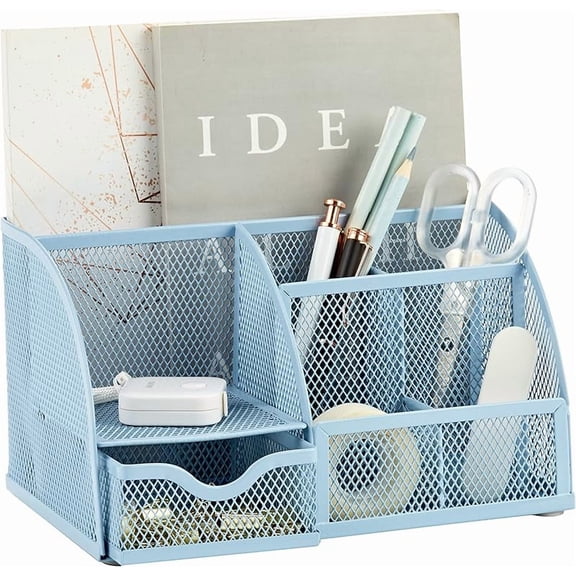 Mesh Desk Organizer Office with 7 Compartments + Drawer/Desk Tidy Candy/Pen Holder/Multifunctional Organizer