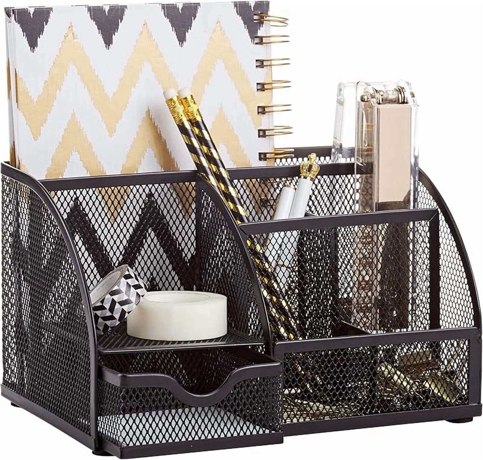 Mesh Desk Organizer Office with 7 Compartments + Drawer/Desk Tidy Candy/Pen Holder/Multifunctional Organizer