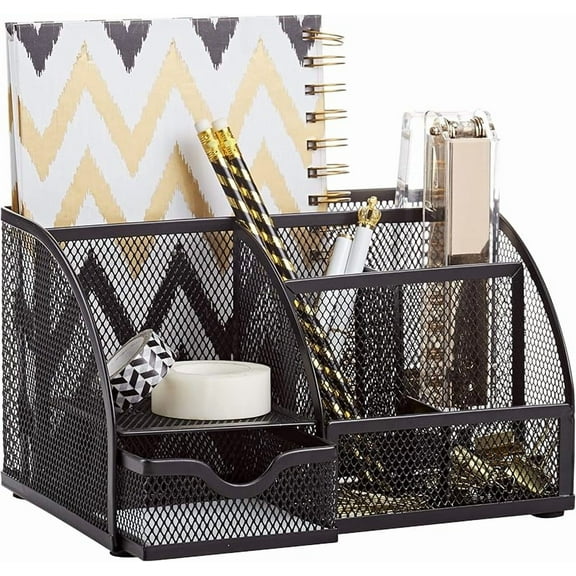 Mesh Desk Organizer Office with 7 Compartments + Drawer/Desk Tidy Candy/Pen Holder/Multifunctional Organizer