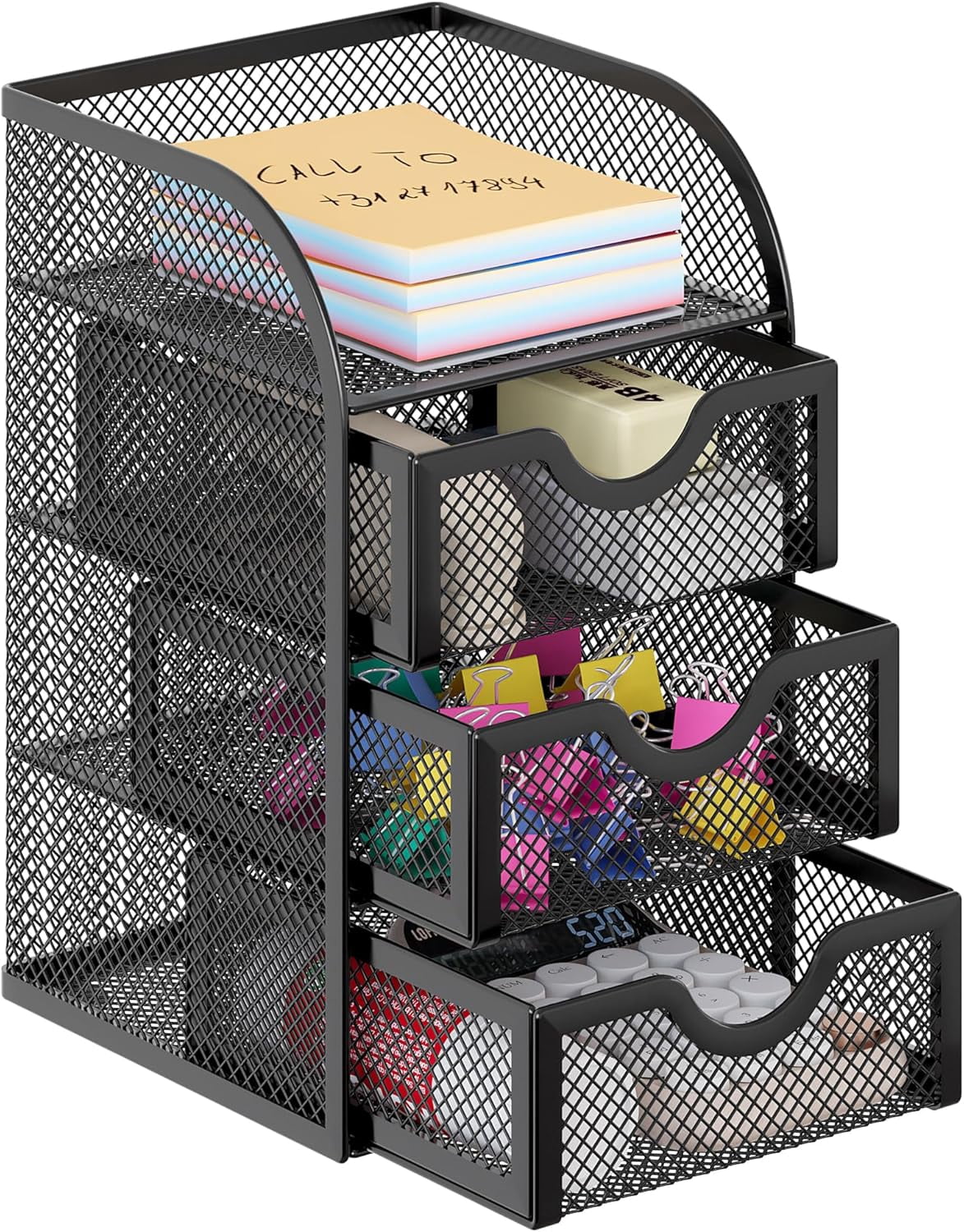 Mesh Desk Organizer with 3 Drawer Office Desktop Organizers and Accessories Stationery Caddy for Office, Home, Students, Black