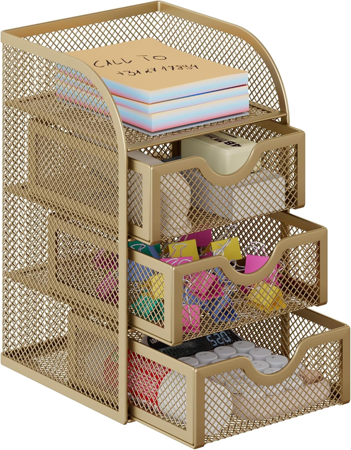 Mesh Desk Organizer with 3 Drawer Office Desktop Organizers and Accessories Stationery Caddy for Office, Home, Students, Gold