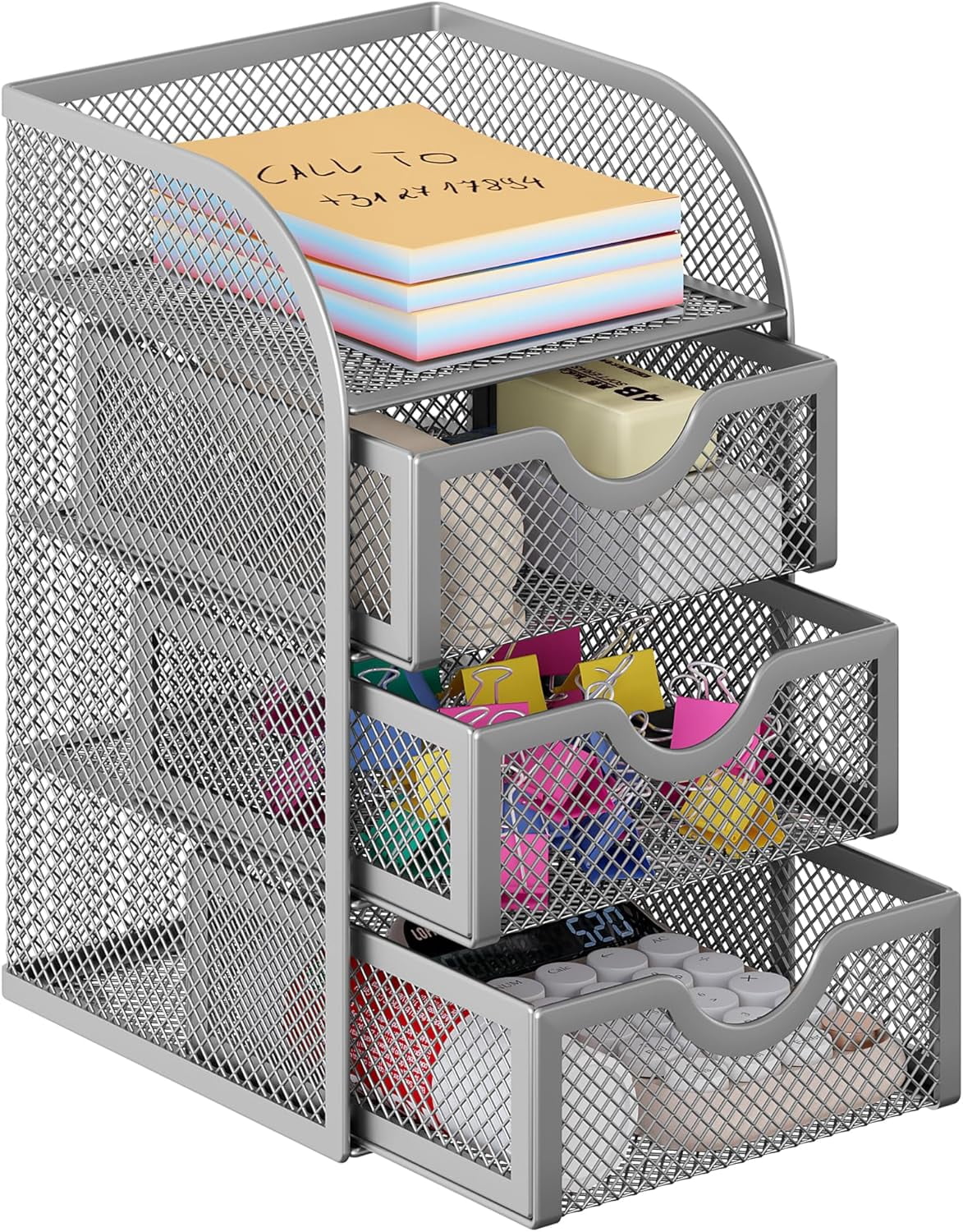 Mesh Desk Organizer with 3 Drawer Office Desktop Organizers and Accessories Stationery Caddy for Office, Home, Students, Silver