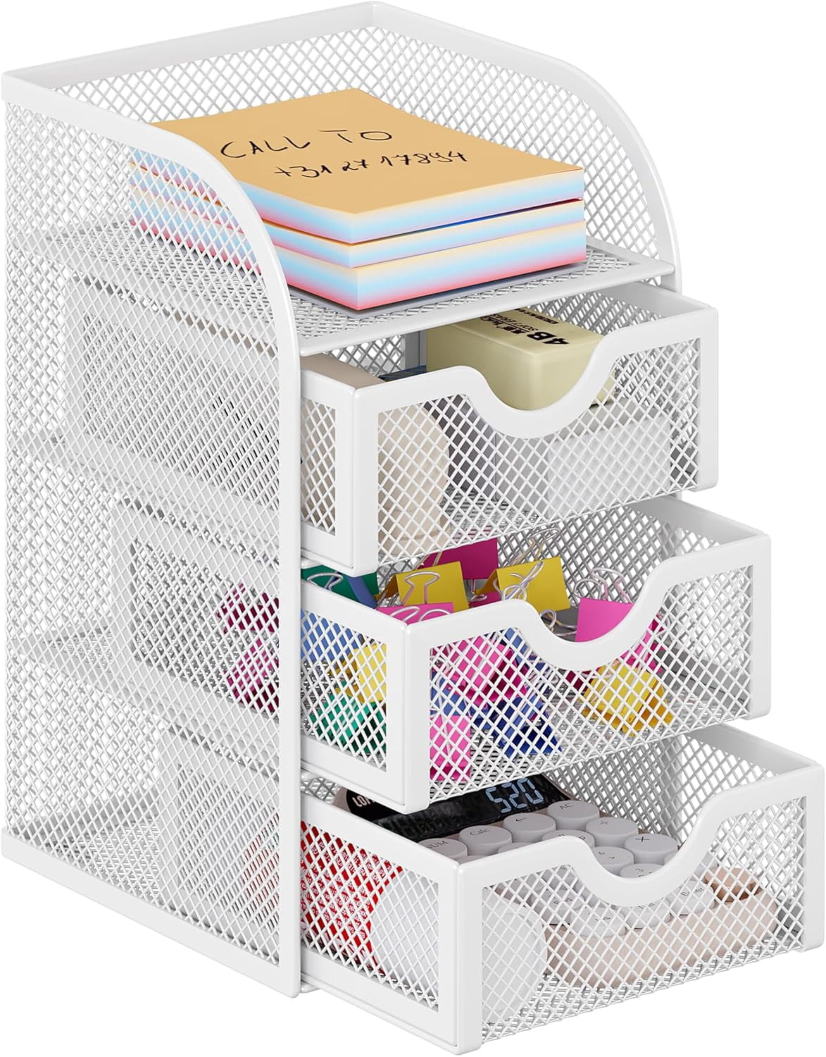 Mesh Desk Organizer with 3 Drawer Office Desktop Organizers and Accessories Stationery Caddy for Office, Home, Students, White