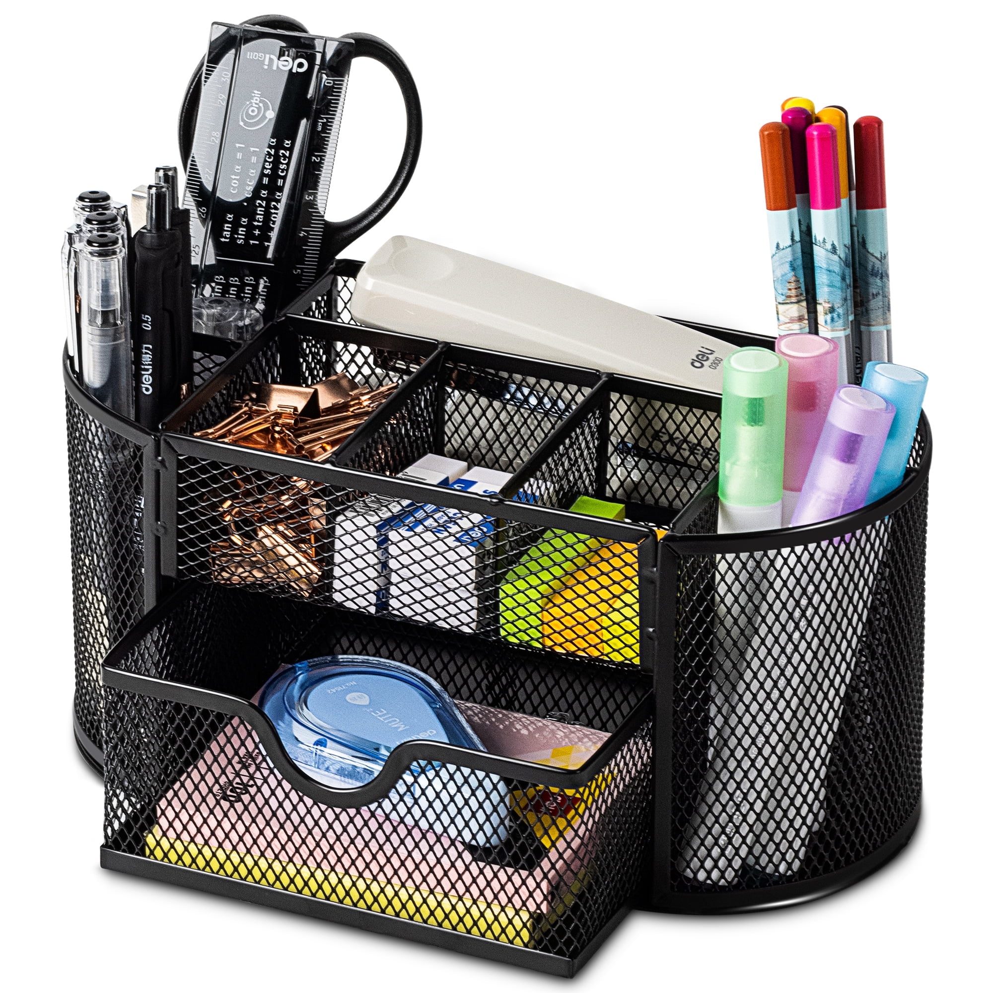 Deli Mesh Desk Organizer, 8 Compartments & Drawer, Office Supplies Organization, Black