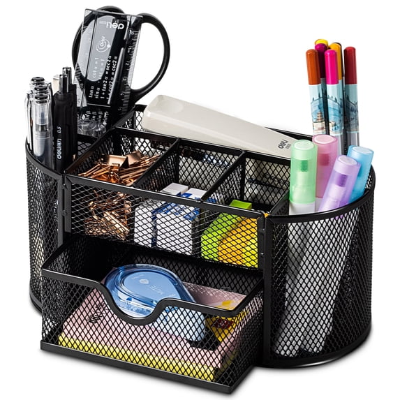 Mesh Desk Organizer with Drawer, 8 Compartments, Black