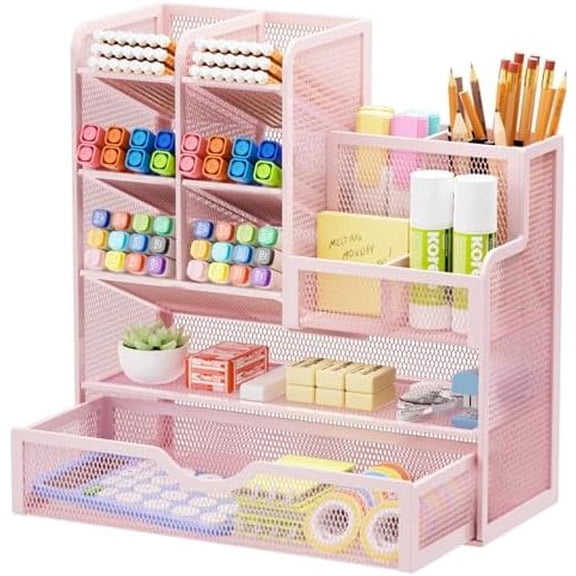 Mesh Desk Organizer with Drawer, Multi-Functional Pencil Organizer, 12 Compartments, Pink, Modern, Minimalist