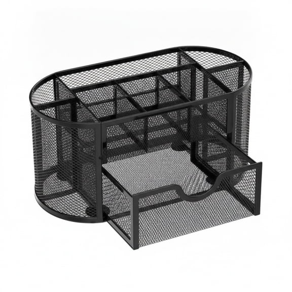 Mesh Desk Organizer with Drawers, 9 Compartment Office Supplies Holder for Pens Clips Staples, Workspace Storage Solution, Black