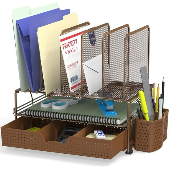 Mesh Desk Organizer with Sliding Drawer - Double Tray & 5 Upright Sections, Black - Office Supplies Storage