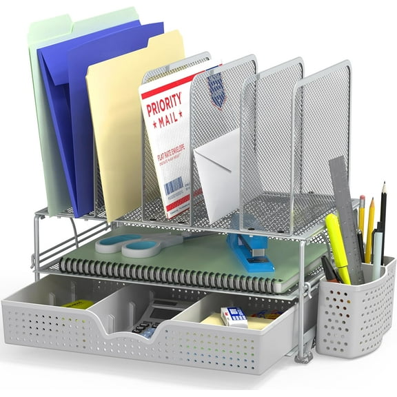 Mesh Desk Organizer with Sliding Drawer, Double Tray and Upright Sections, Black