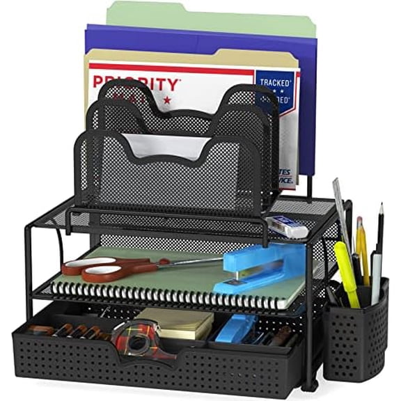 Mesh Desk Organizer with Sliding Drawer, Double Tray and 5 Stacking Sorter Sections, Black