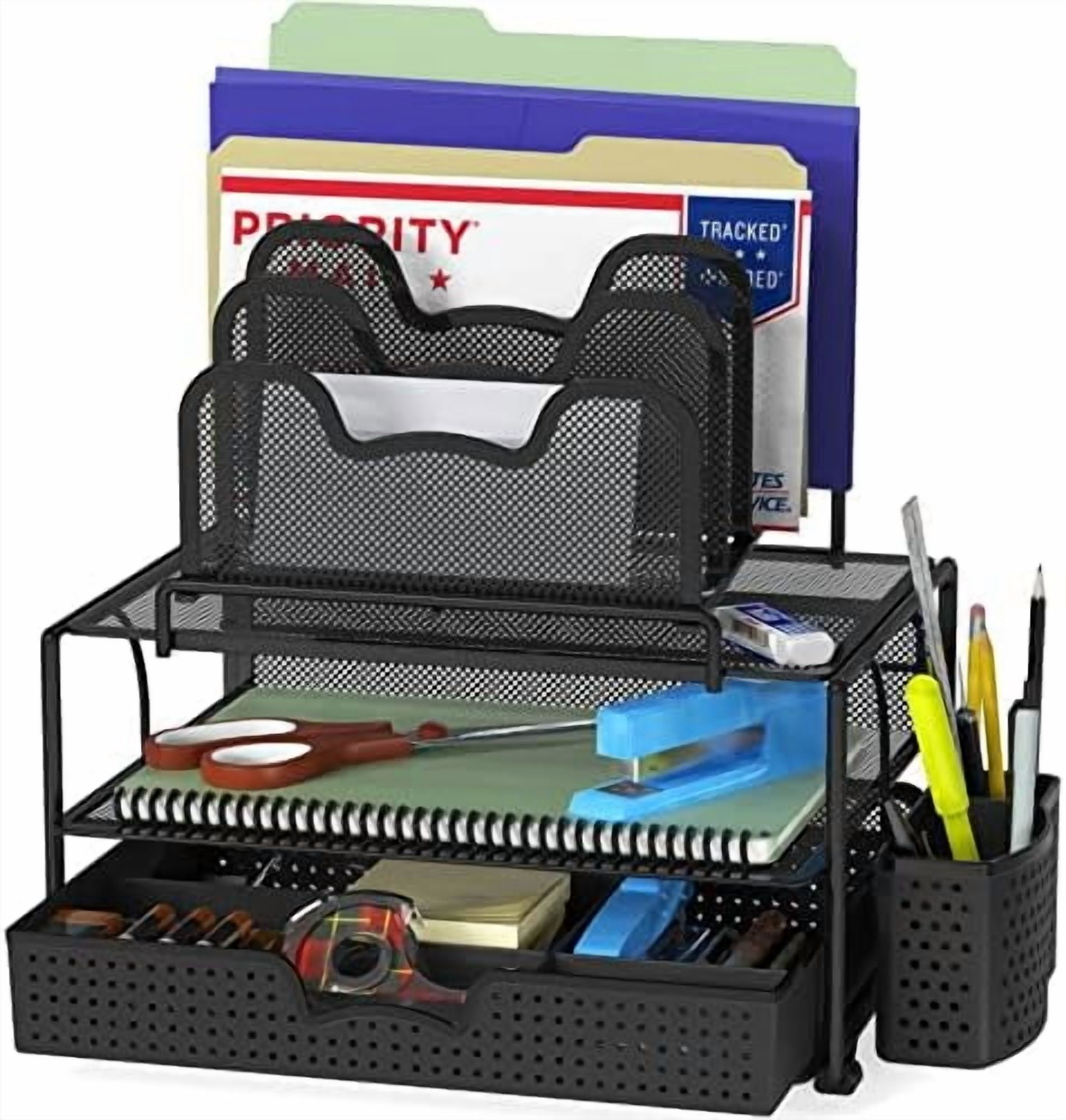 Mesh Desk Organizer with Sliding Drawer, Double Tray and 5 Stacking Sorter Sections, Black
