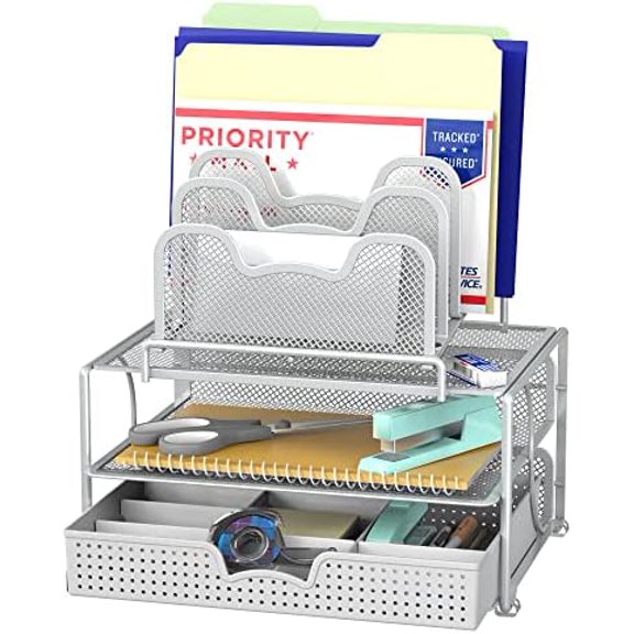 Mesh Desk Organizer with Sliding Drawer, Double Tray and 5 Stacking Sorter Sections, Silver