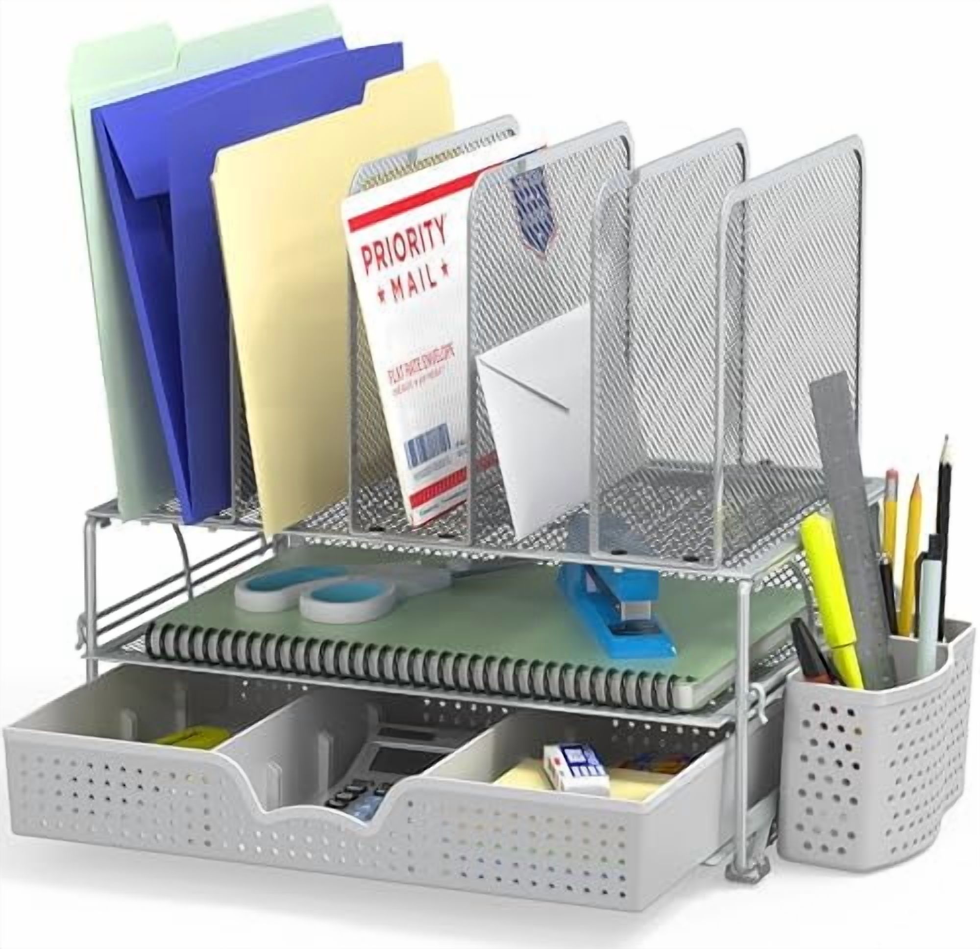 Mesh Desk Organizer with Sliding Drawer, Double Tray and 5 Upright ...