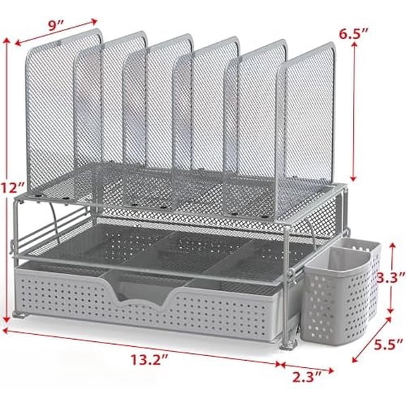 Mesh Desk Organizer with Sliding Drawer, Double Tray and 5 Upright Sections, Silver
