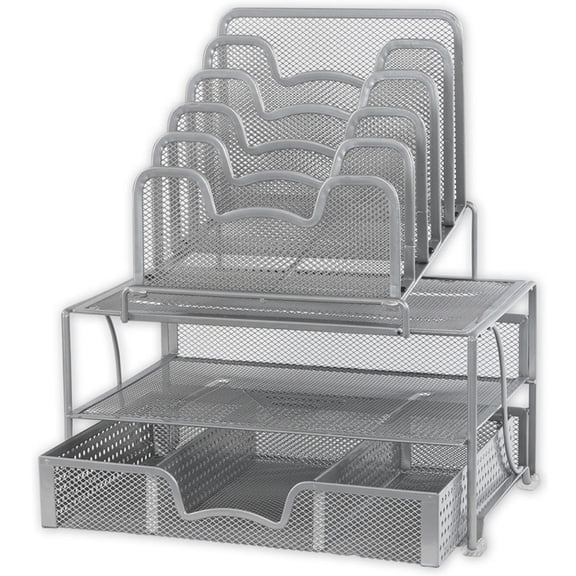 Mesh Desk Organizer with Sliding Drawer, Double Tray and 5 Vertical Sorter Sections, Metal Office File Organizer for Desktop Storage