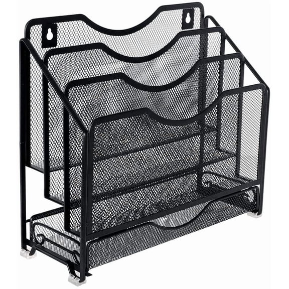 Mesh Desk Paper Organizer Wall Hanging File Holder with 3 Upright File Organizer and Sliding Drawer,Black