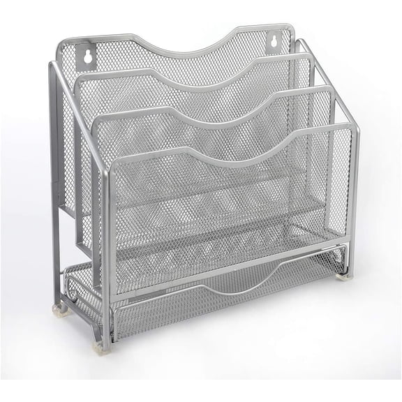 Mesh Desk Paper Organizer Wall Hanging File Holder with 3 Upright File Rack and Sliding Drawer,Silver