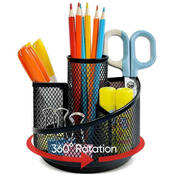 Mesh Desktop Organizer Office Supplies, Pen Holder with 360 Degree Rotating Function, 5 Compartments, Black