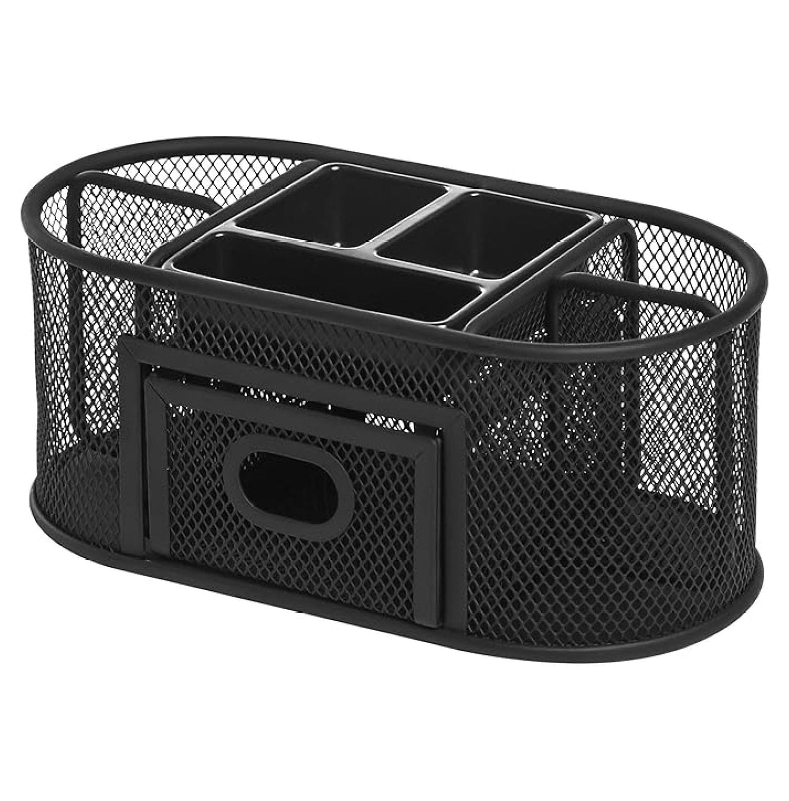 Mesh Desktop Organizer - Steel Office Supplies Holder with Drawer, Pen Compartments, Paperclip Storage - Black Stationary Caddy for Desk Accessories