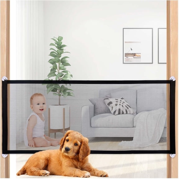 Mesh Dog Gate, Pet Gates for Dogs Extra Wide, 70.9 x 28.3 Inch Pet Net Dog Gate for Stairs No Drilling, Black Safety Gates for Pets, Portable Mesh Pet Gate Outdoor, Indoor