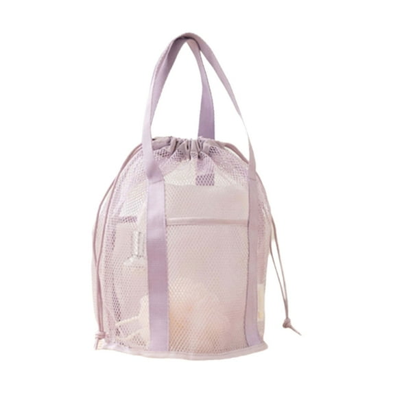 Mesh Drawstring Bag Foldable Beach Toy Bag with 2 Pockets Swimming Pool Handbag