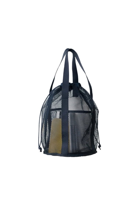 Mesh Drawstring Bag Foldable Beach Toy Bag with 2 Pockets Swimming Pool Handbag