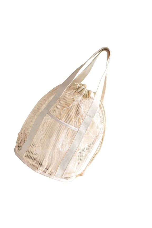 Mesh Drawstring Bag Foldable Beach Toy Bag with 2 Pockets Swimming Pool Handbag